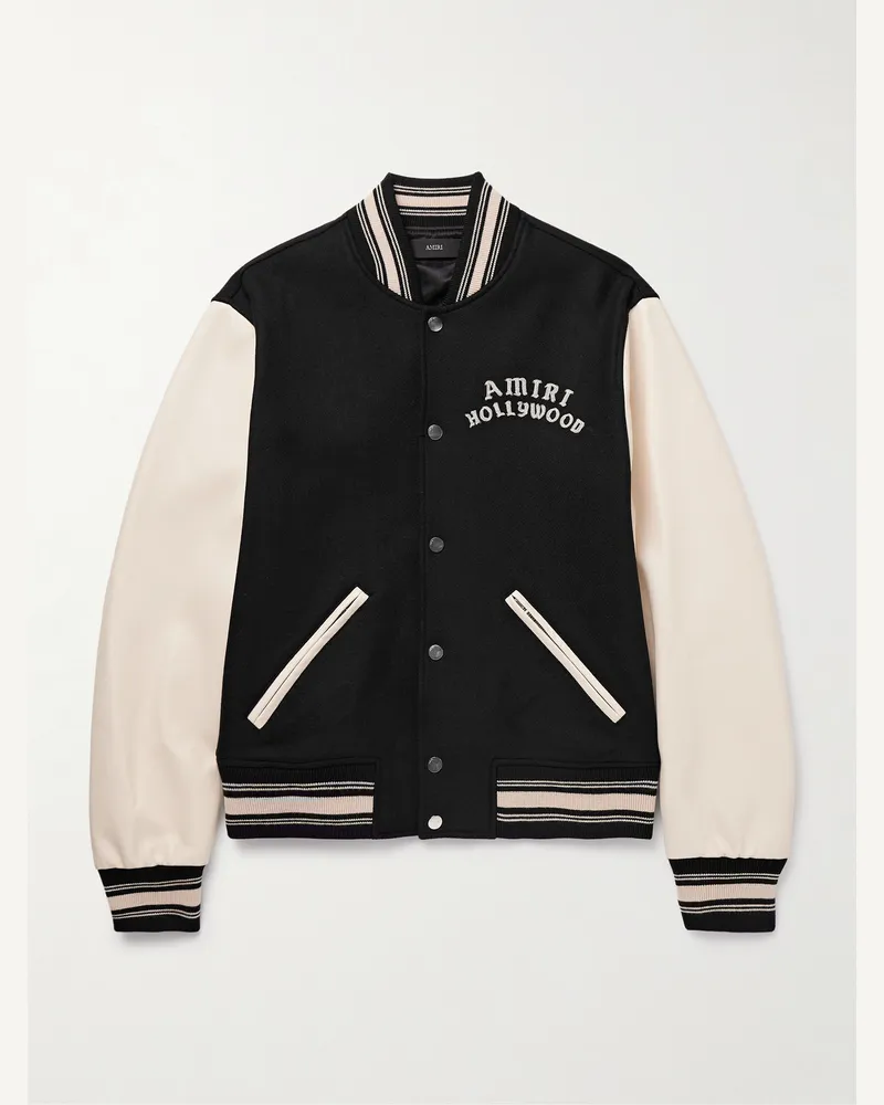 Amiri Hollywood Collegejacke aus Leder und Flanell aus einer Wollmischung mit Logostickerei Schwarz