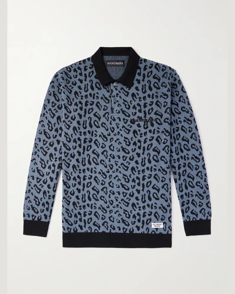 Wacko Maria Pullover aus Jacquard-Strick aus einer Baumwollmischung mit Leopardenmuster, Applikation, Polokragen und Logostickerei Blau