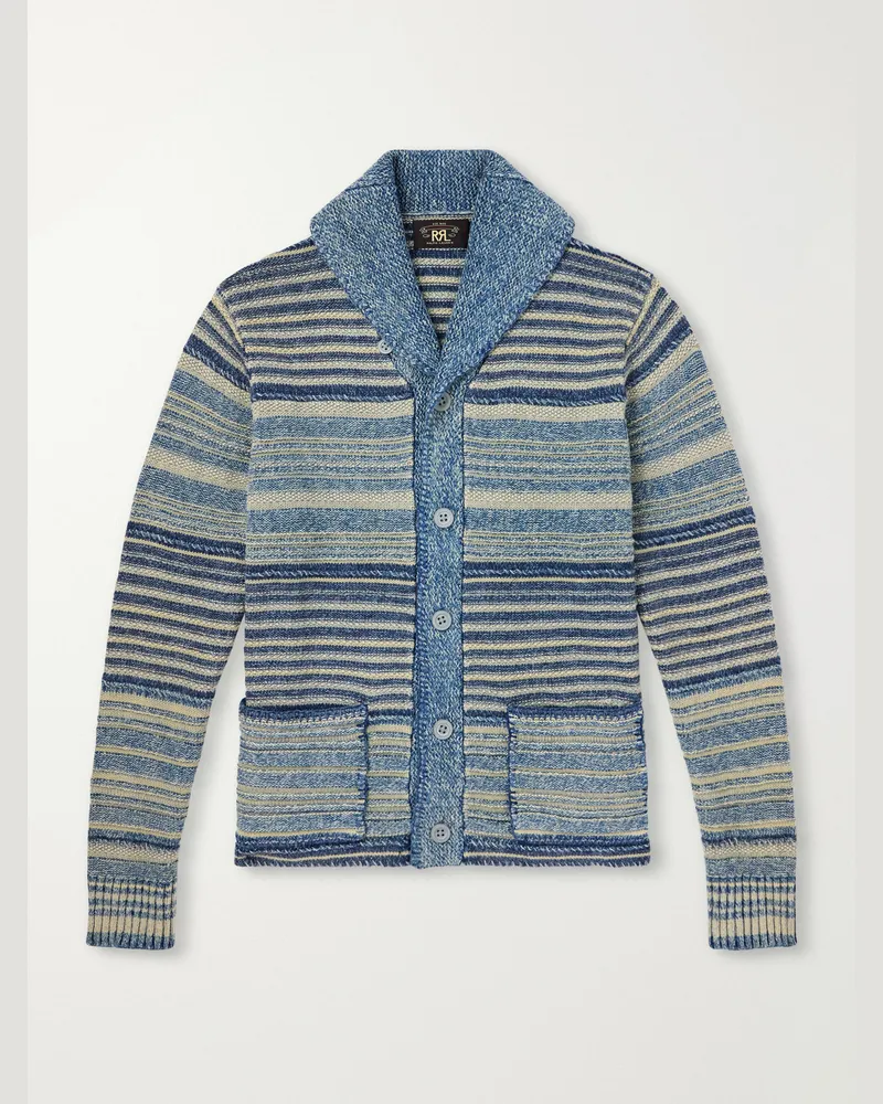 RRL Shawl-Collar Striped Cotton and Linen-Blend Cardigan Blue