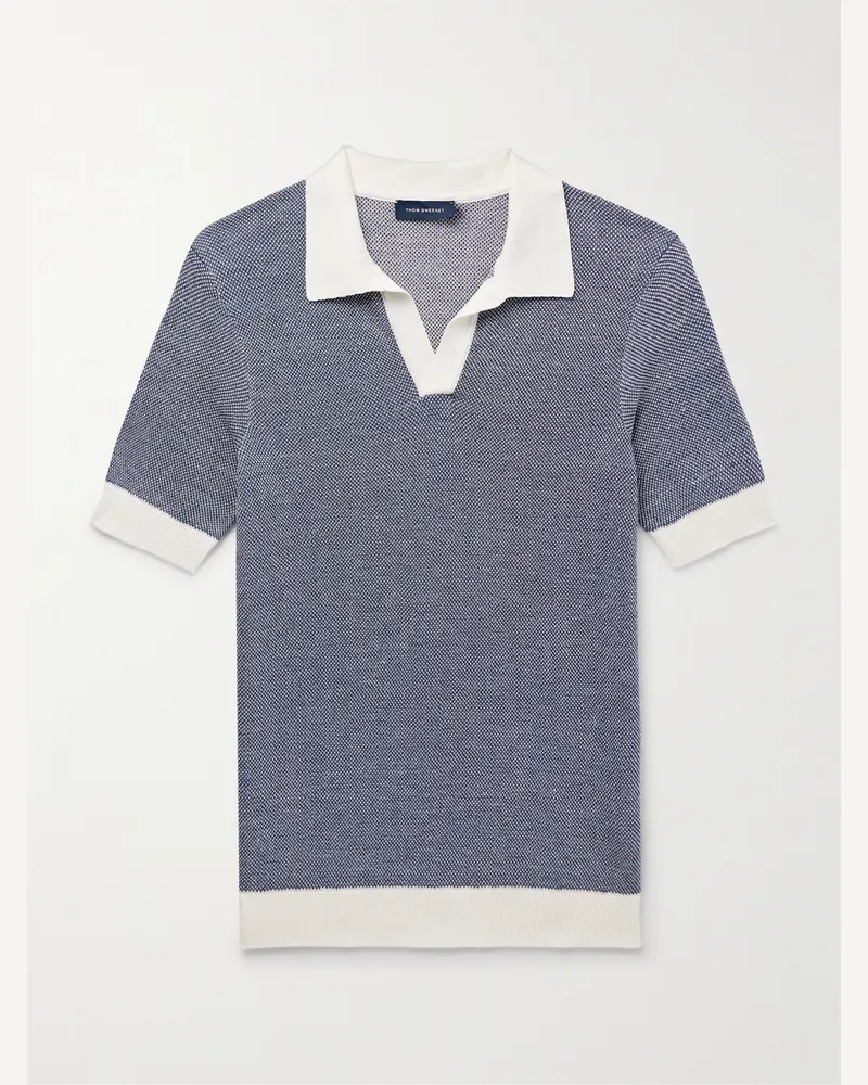 Thom Sweeney Schmal geschnittenes Polohemd aus Birdseye-Piqué aus einer Baumwoll-Leinenmischung Blau