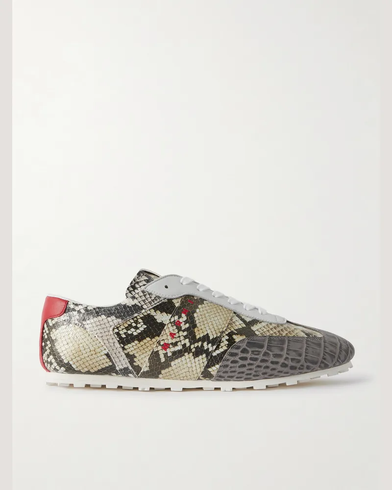 Marni Logo-Embroidered Croc and Snake-Effect Leather Sneakers Gray