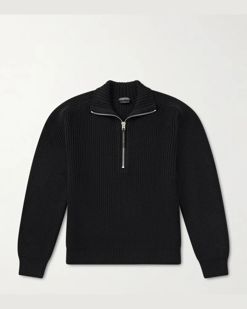 Tom Ford Pullover aus Merinowolle in Rippstrick mit kurzem Reißverschluss Schwarz