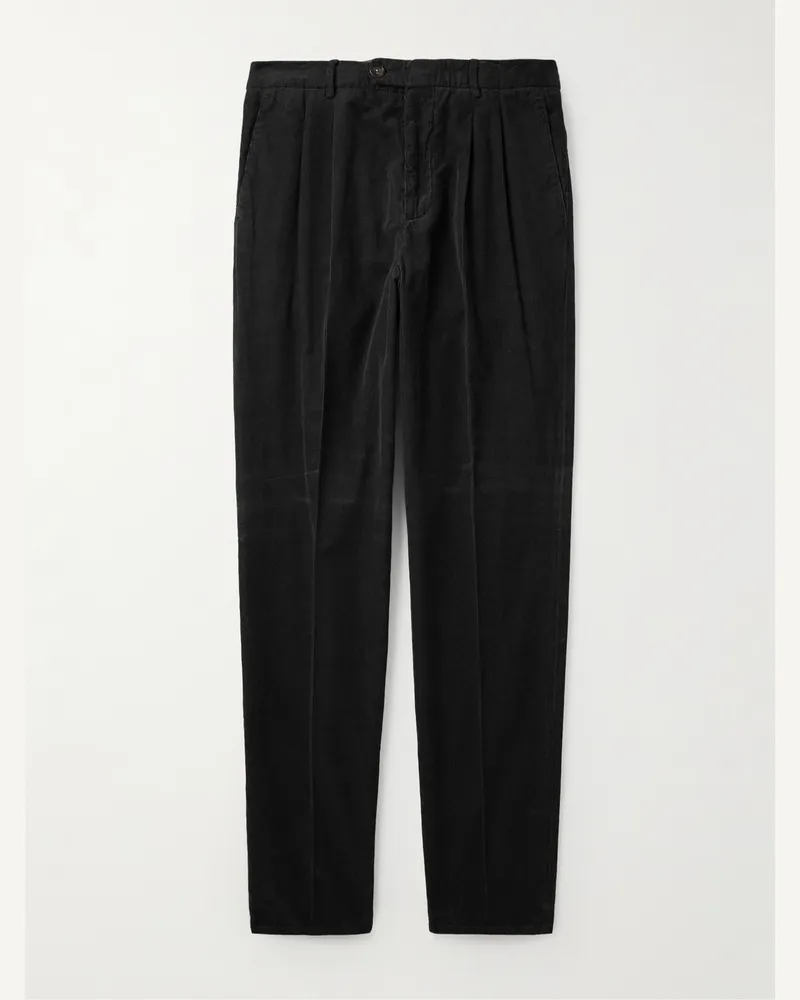 Brunello Cucinelli Tapered Pleated Cotton-Corduroy Trousers Black