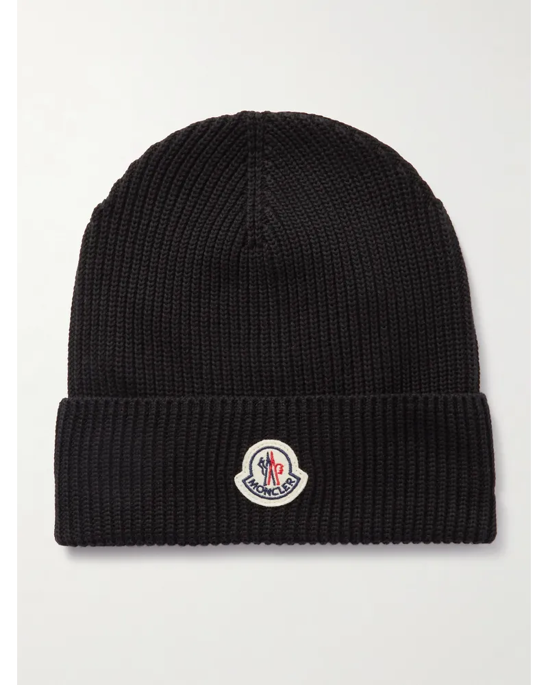 Moncler Beanie aus Baumwolle in Rippstrick mit Logoapplikation Schwarz