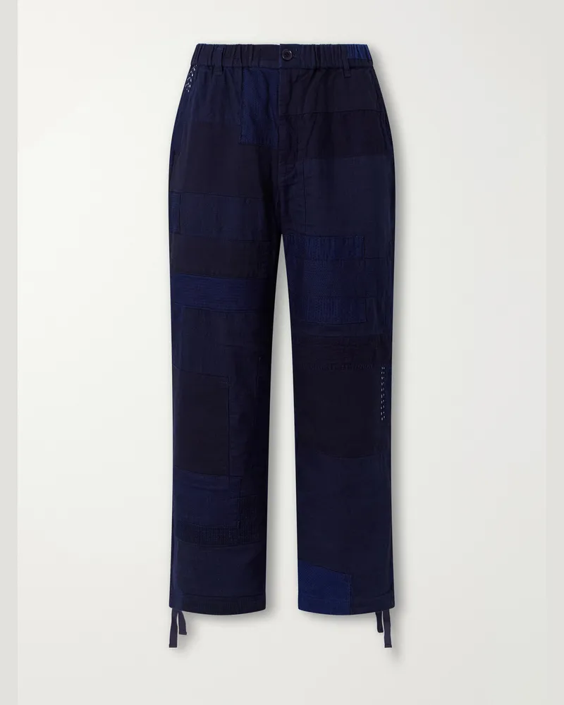 Blue Blue Japan Nenrin Wide-Leg Drawstring Patchwork Cotton-Sashiko Trousers Blue