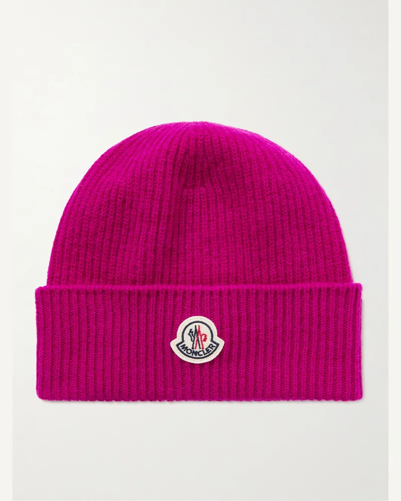 Moncler Beanie in Rippstrick aus einer Schurwoll-Kaschmirmischung mit Applikation Pink