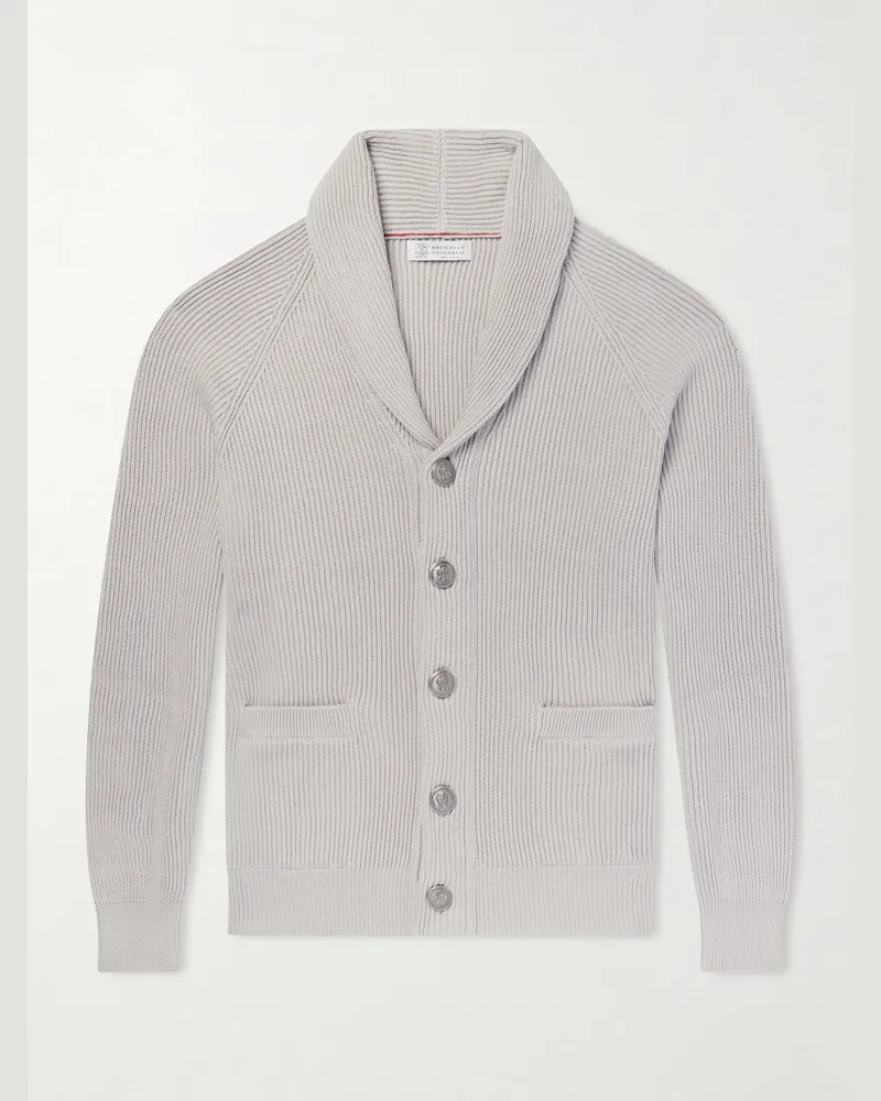 Brunello Cucinelli Shawl-Collar Ribbed Cotton Cardigan Neutrals