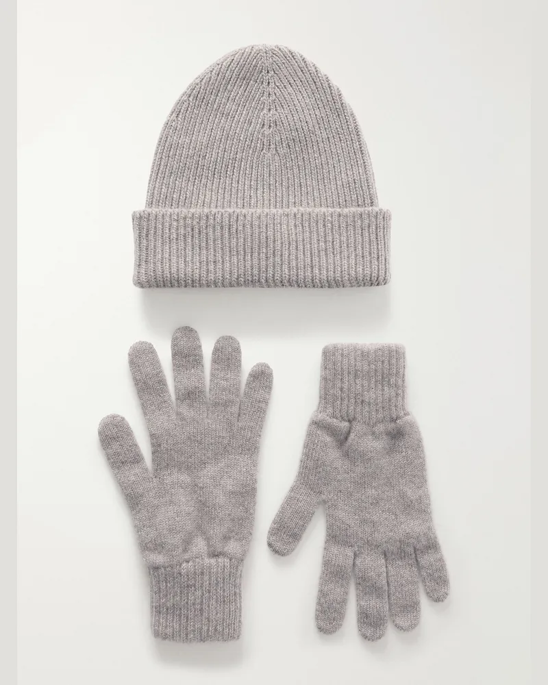 Johnstons of Elgin Ribbed Gloves and Beanie Cashmere Set Neutrals