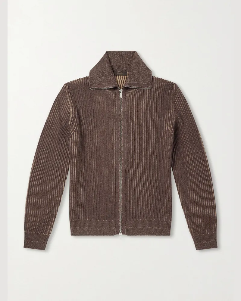 Slowear Turtleneck Ribbed Virgin Wool Sweater Brown