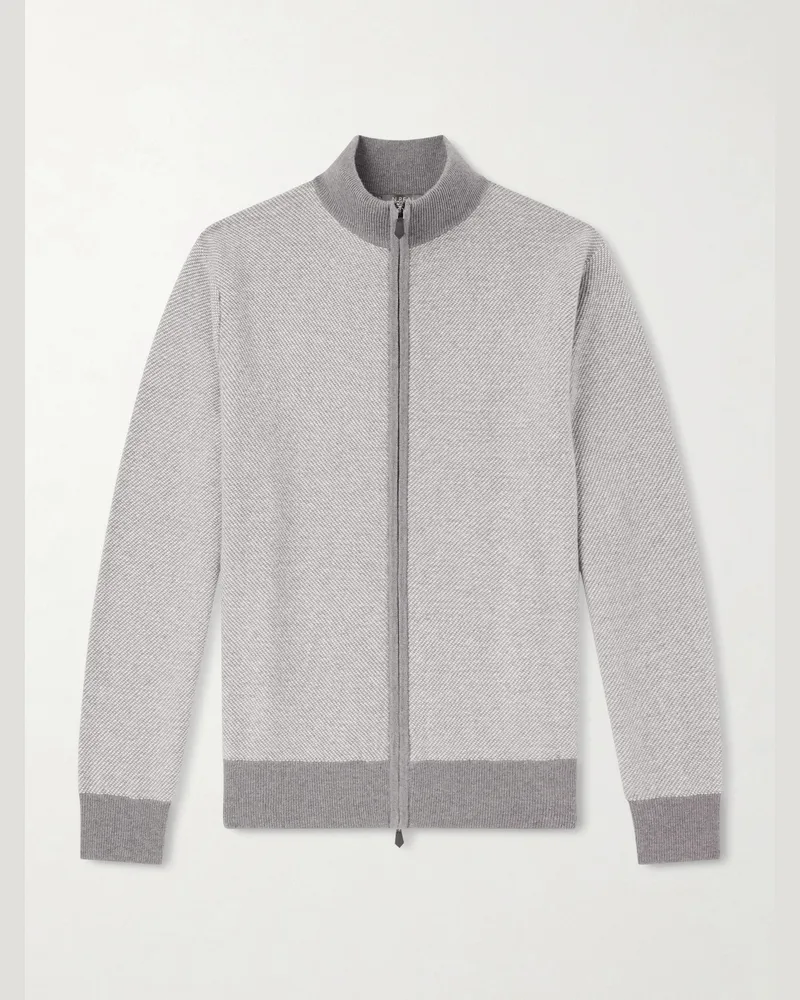 N.Peal Birdseye Textured Organic Cashmere Zip-Up Cardigan Gray