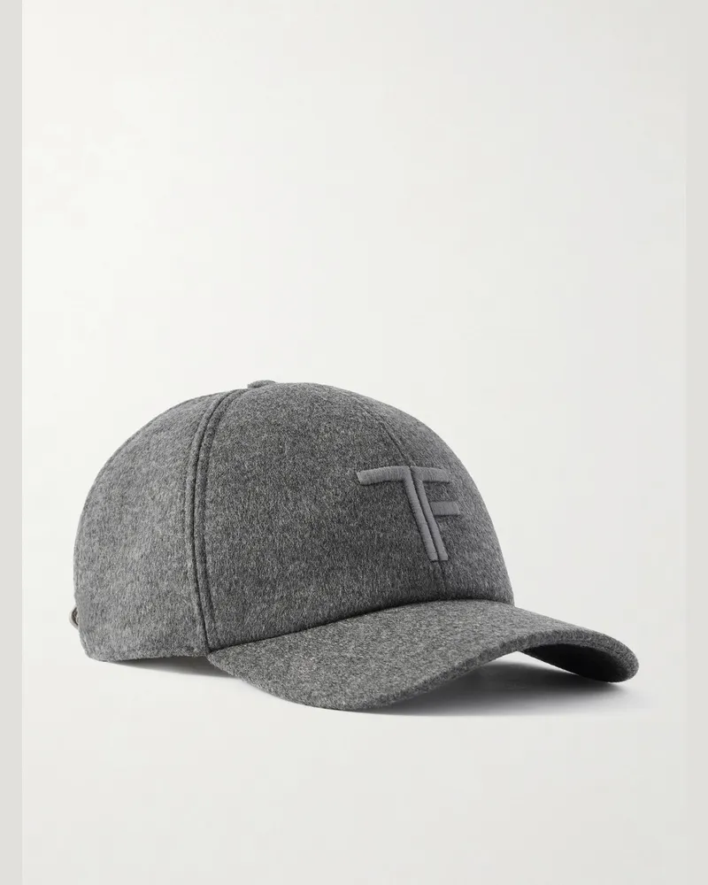 Tom Ford Leather-Trimmed Logo-Embroidered Cashmere Baseball Cap Gray