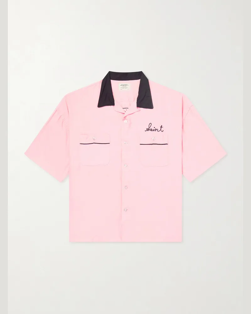 SAINT MXXXXXX Deck of Cards Convertible-Collar Logo-Embroidered Satin Shirt Pink