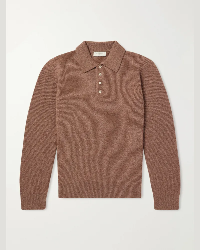 PIACENZA 1733 Ribbed Cashmere Polo Shirt Brown