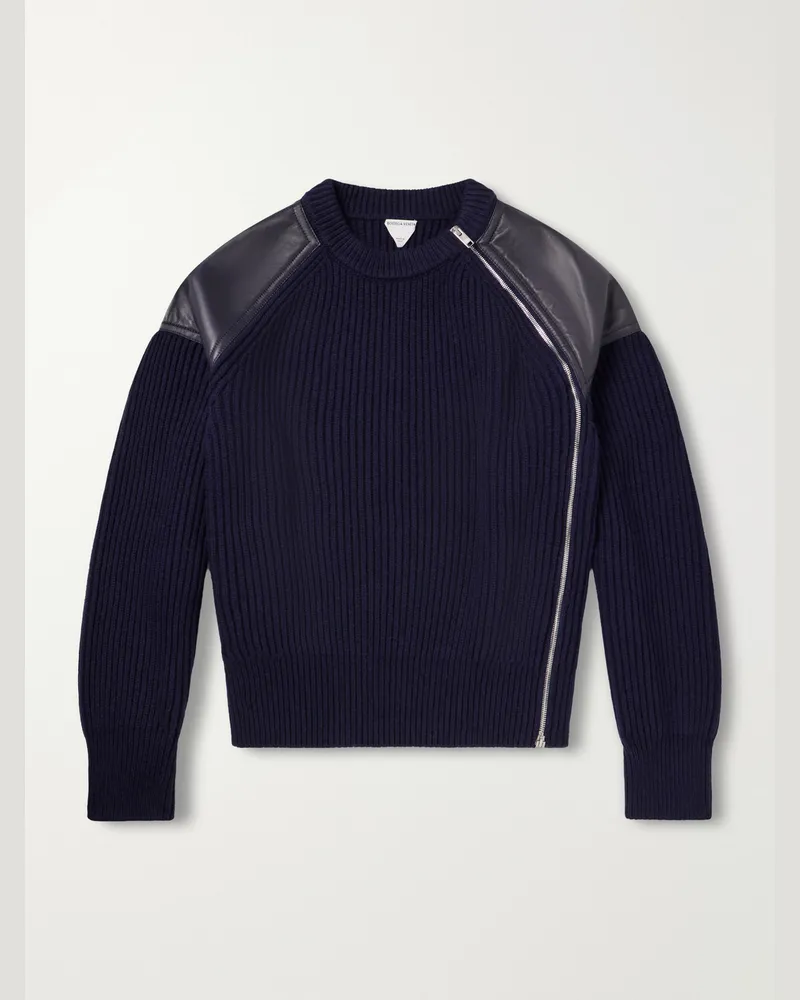 Bottega Veneta Leather-Trimmed Ribbed Wool and Cashmere-Blend Zip-Up Sweater Blue