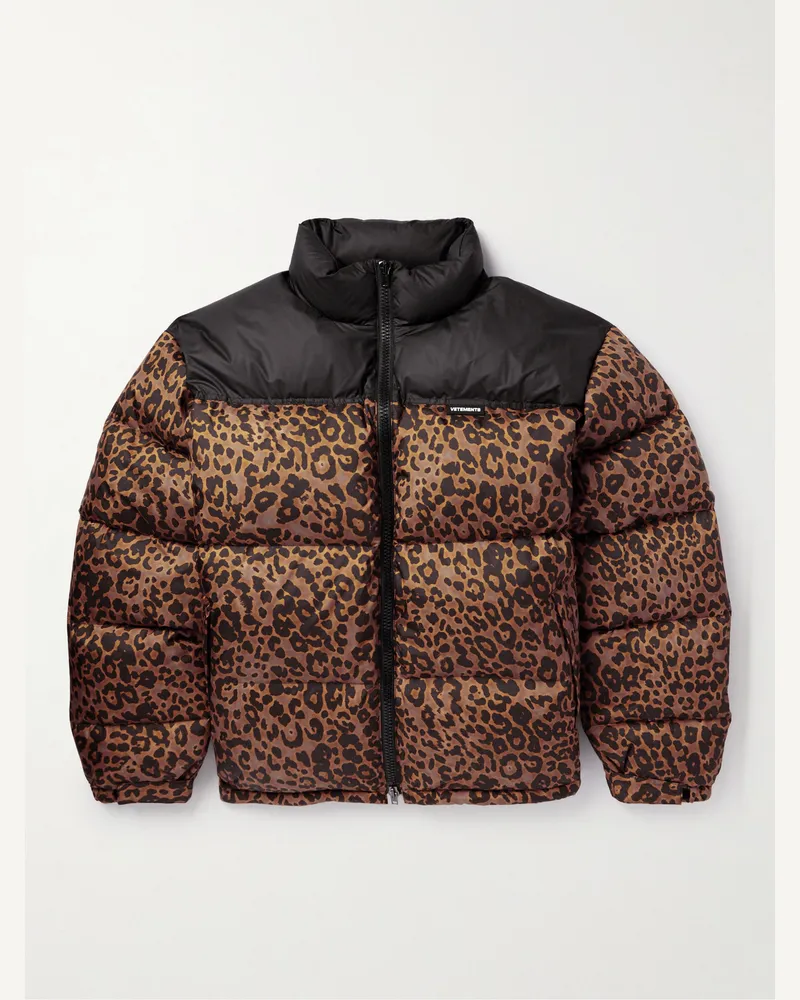 VETEMENTS Logo-Appliquéd Leopard-Print Shell Down Jacket Brown