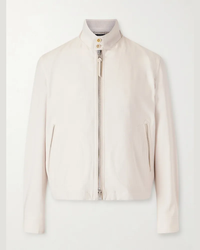 Tom Ford Leather-Trimmed Virgin Wool, Cashmere and Silk-Blend Canvas Jacket White