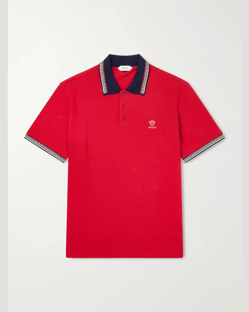 Versace Logo-Embroidered Cotton-Piqué Polo Shirt Red