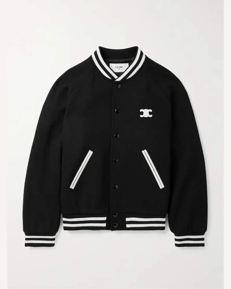 Celine Teddy Triomphe Collegejacke aus einer Wollmischung mit Lederbesatz Schwarz