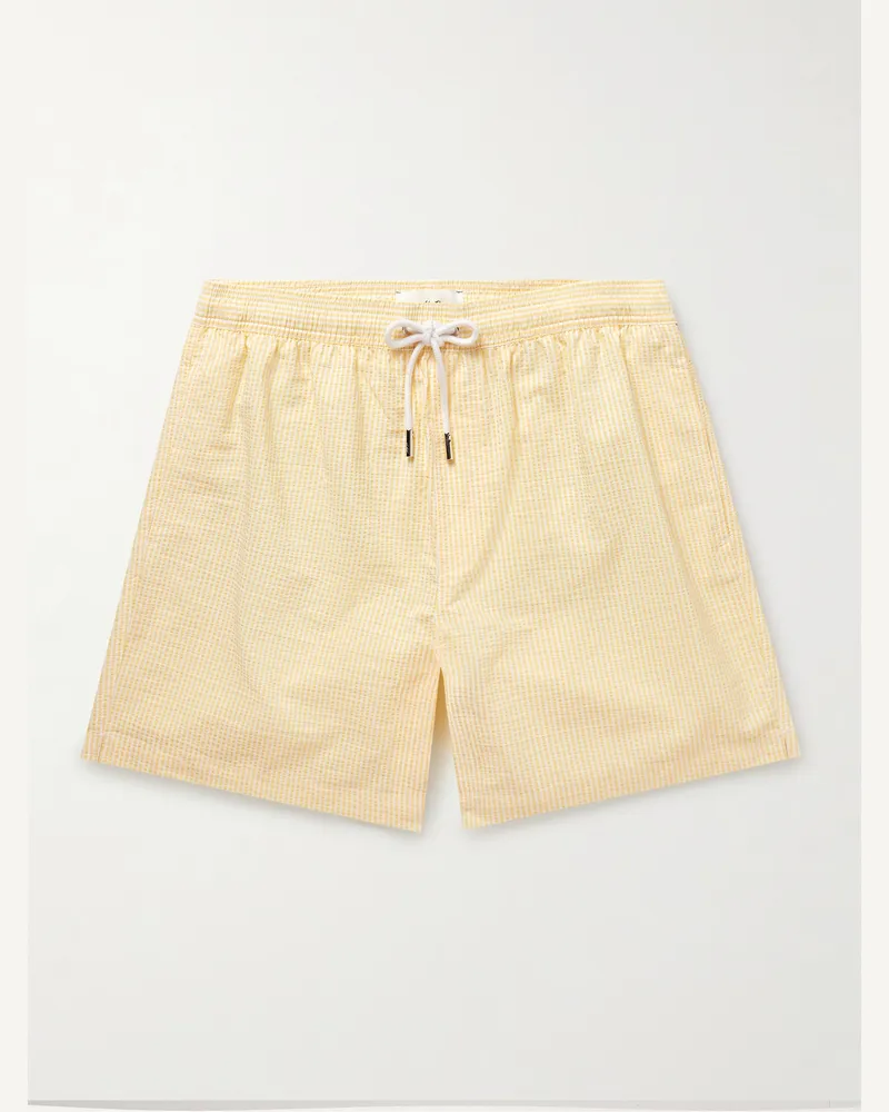 MR P. Gerade geschnittene mittellange Badeshorts aus gestreiftem Seersucker Gelb