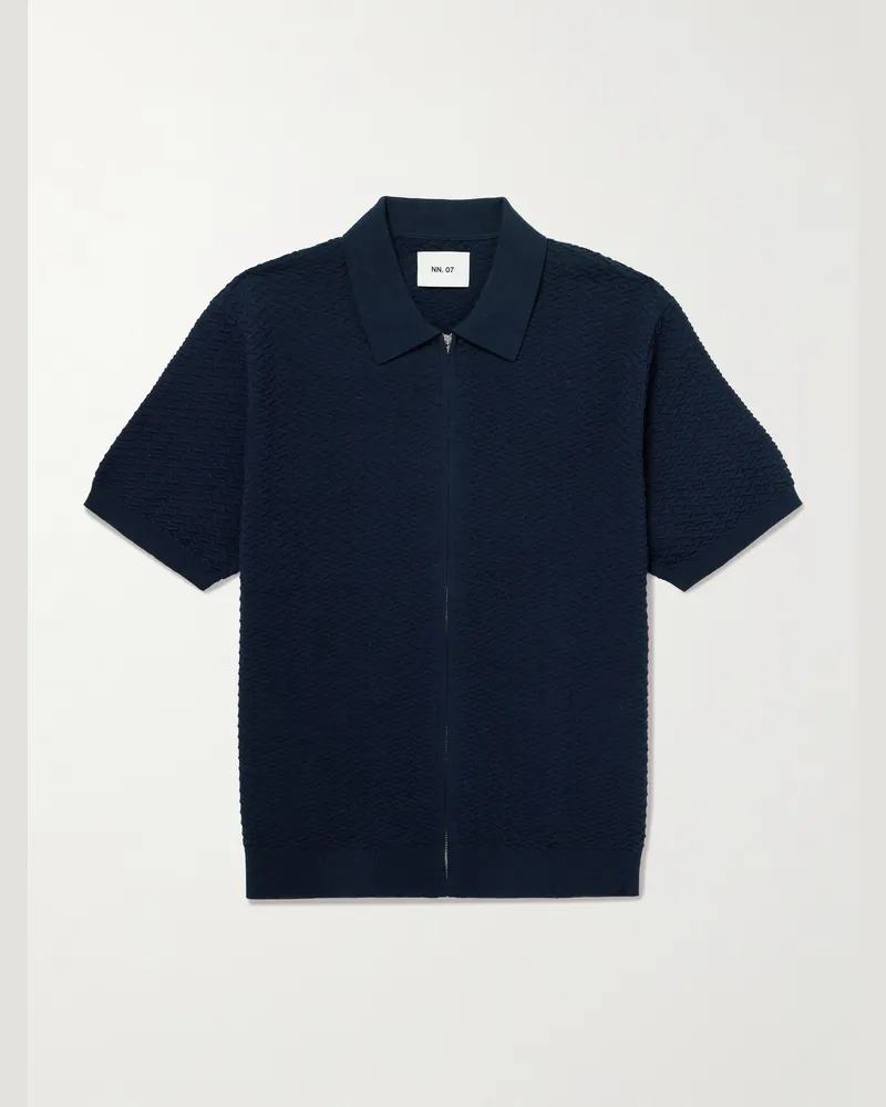 NN 07 Gustav 600160 Textured Organic Cotton Zip-Up Polo Shirt Blue