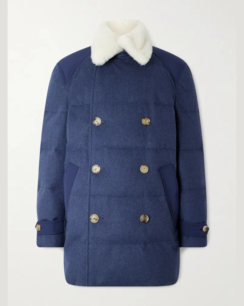 Brunello Cucinelli Doppelreihiger Daunenmantel aus gesteppter Wolle mit Shearling-Besatz Blau