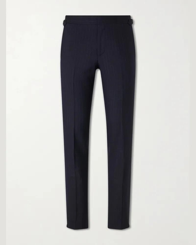LARDINI Straight-Leg Pleated Striped Wool Trousers Blue