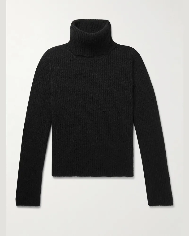 Saint Laurent Schmal geschnittener Rollkragenpullover aus einer Alpakawollmischung in Rippstrick Schwarz