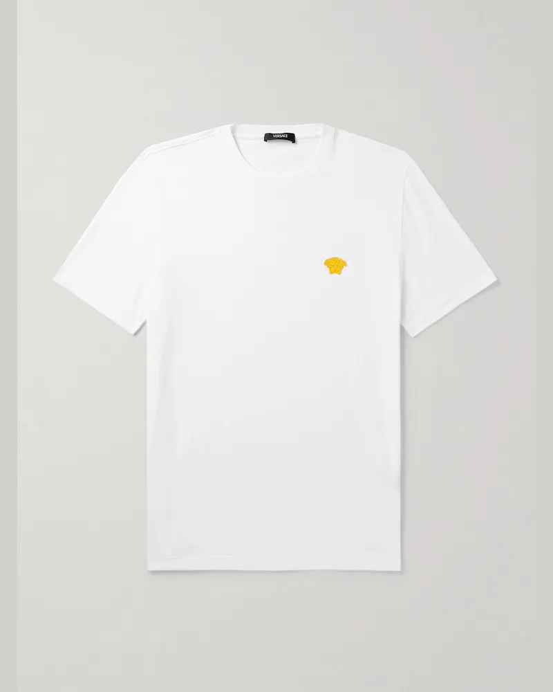 Versace Slim-Fit Logo-Embroidered Cotton-Jersey T-Shirt White