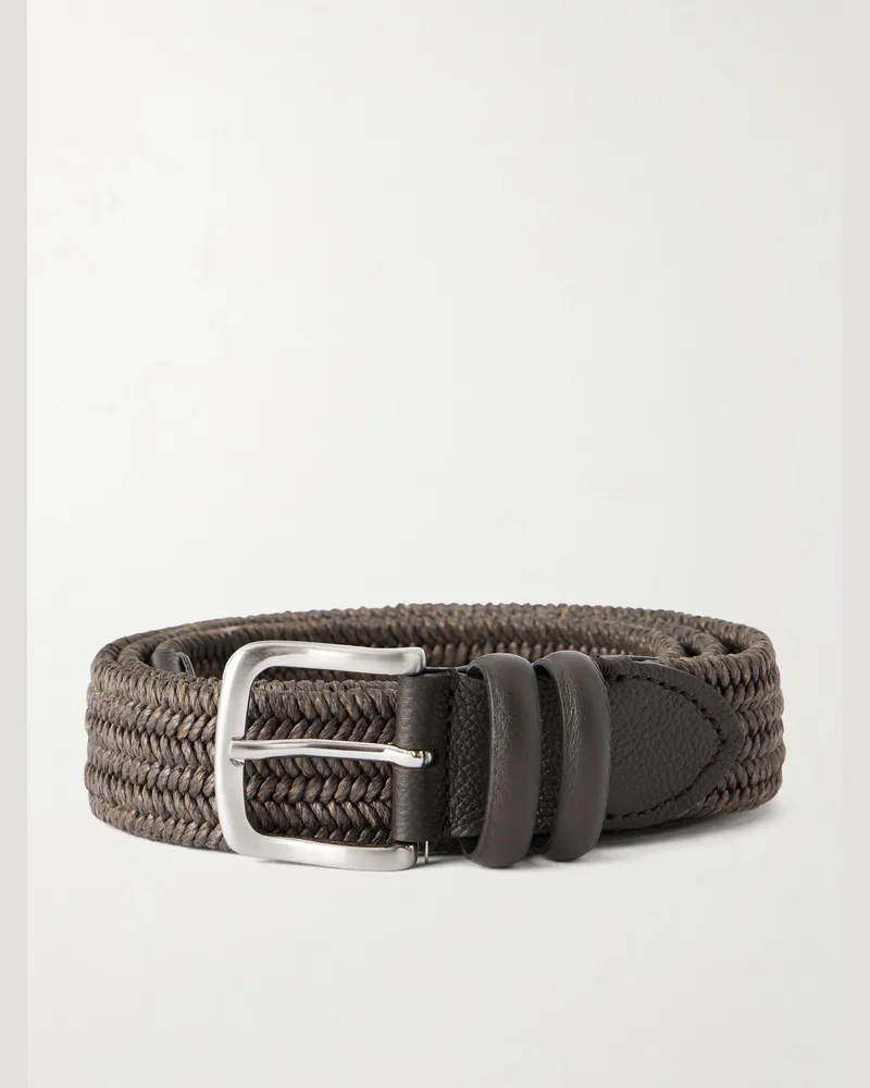 MR P. 3.5cm Leather-Trimmed Woven Belt Brown