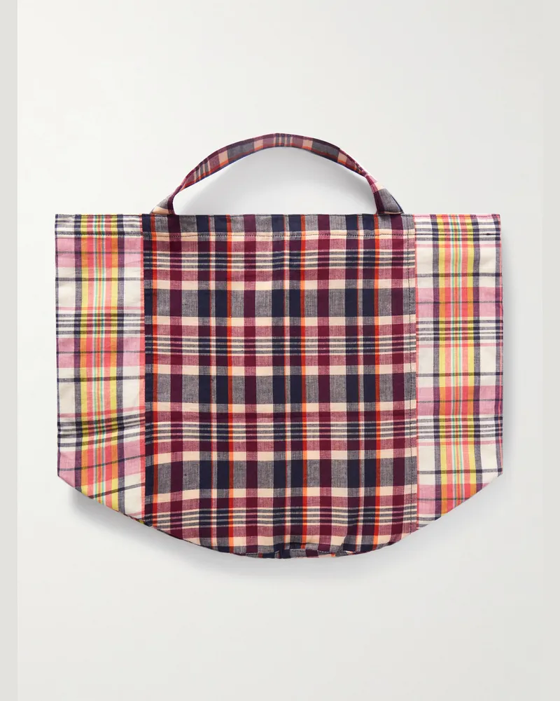 Drake's Madras Checked Cotton Tote Bag Brown