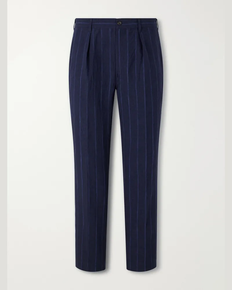 Drake's Games Straight-leg Pinstriped Cotton and Linen-Blend Suit Trousers Blue