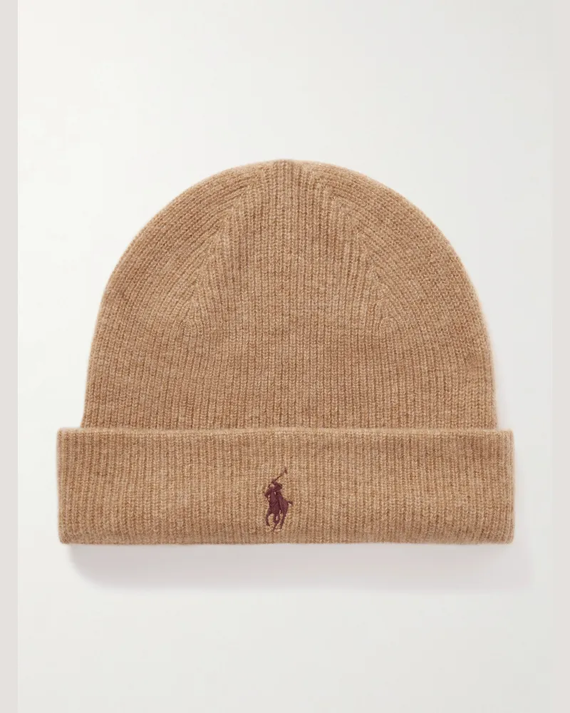 Ralph Lauren Beanie aus Kaschmir in Rippstrick mit Logostickerei Braun