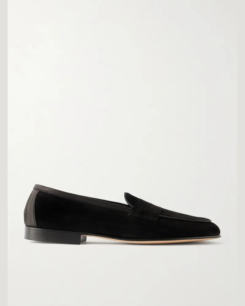 Edward Green Polperro Leather-Trimmed Suede Penny Loafers Black