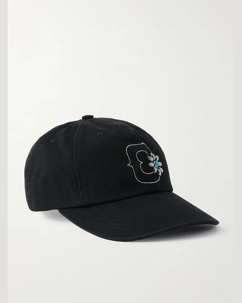 Cherry Los Angeles Logo-Embroidered Embellished Cotton-Twill Baseball Cap Black