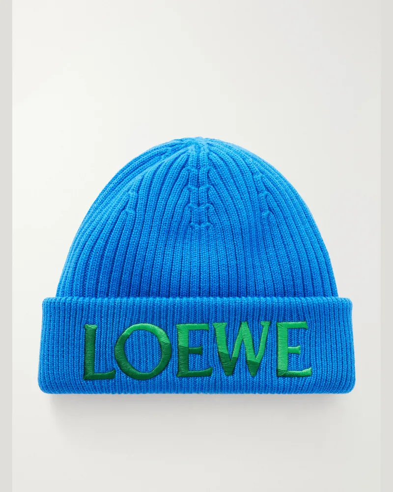 Loewe Logo-Embroidered Wool Beanie Blue