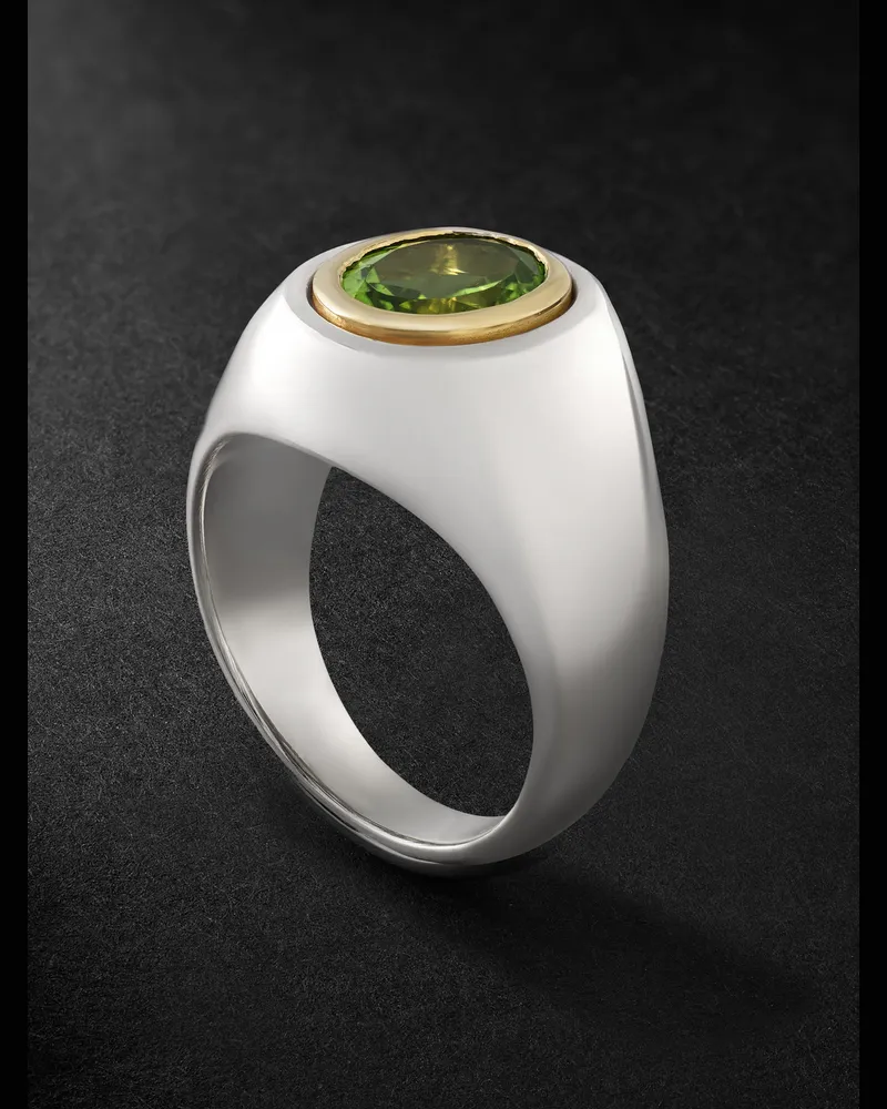 M. Cohen Solitaire Ring aus Sterlingsilber und 18 Karat Gold mit Turmalin Grün