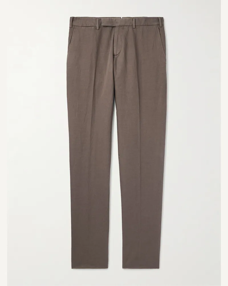 Ermenegildo Zegna Schmal geschnittene und schmaler zulaufende Hose aus Twill aus einer Baumwoll-Leinenmischung Braun