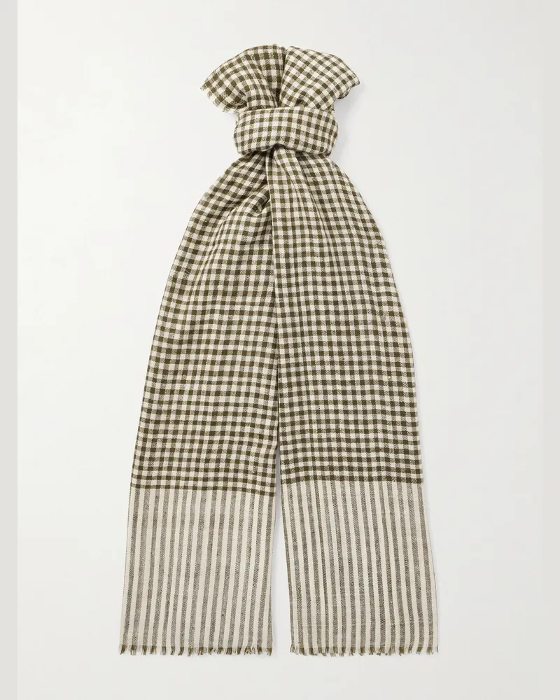 Anderson & Sheppard Camoshita Frayed Checked Cashmere Scarf Green