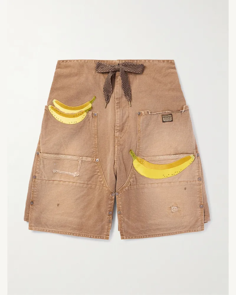 KAPITAL Weit geschnittene Shorts aus Denim in Distressed-Optik mit Applikation und aufgesetzen Partien Braun