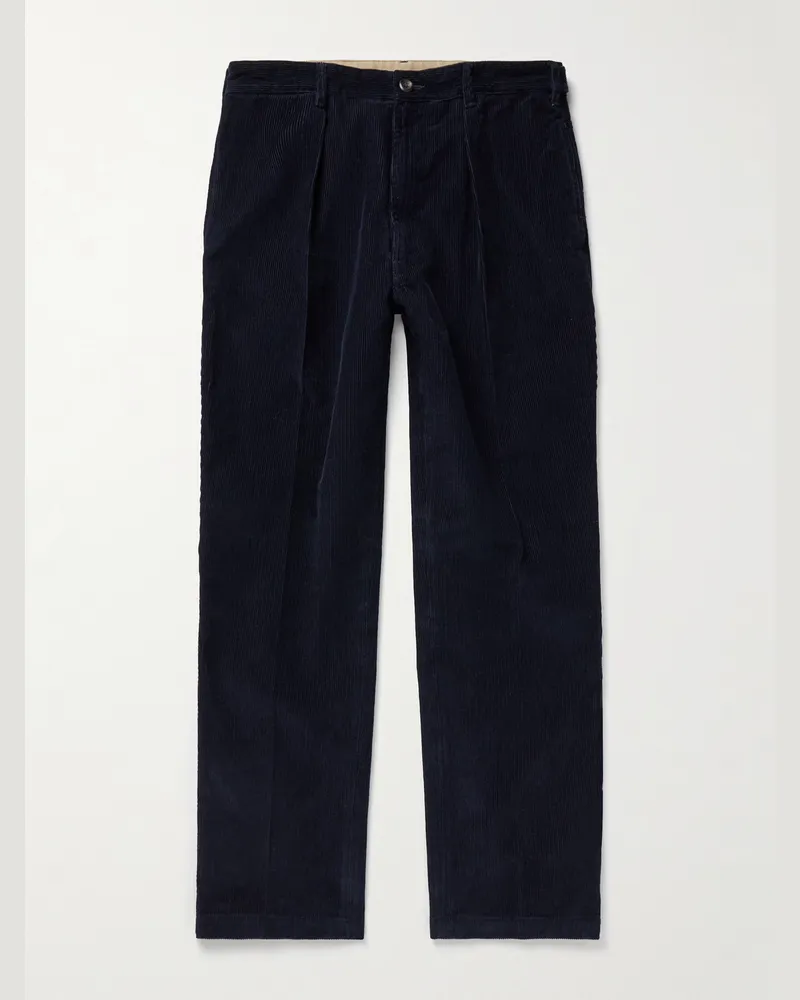 Drake's Games Tapered Pleated Cotton-Corduroy Trousers Blue