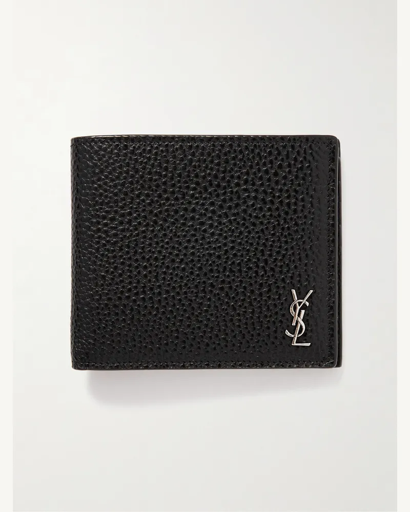 Saint Laurent Tiny Cassandre aufklappbares Portemonnaie aus vollnarbigem Leder mit Logoapplikation Schwarz