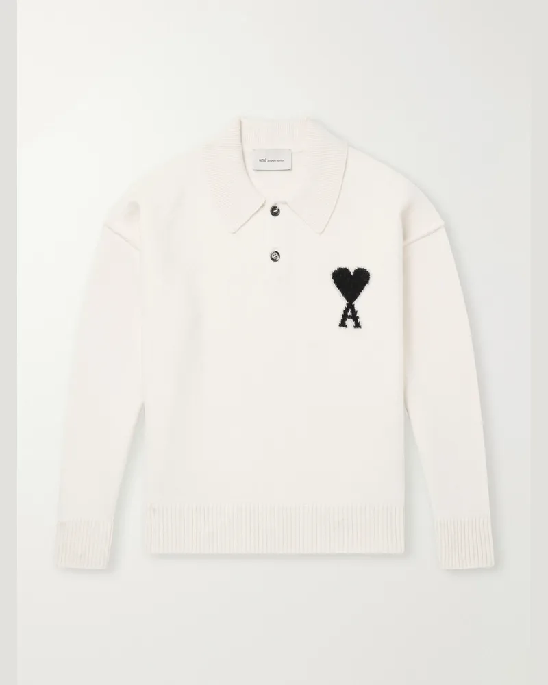 AMI Paris Logo-Intarsia Wool Polo Sweater Neutrals