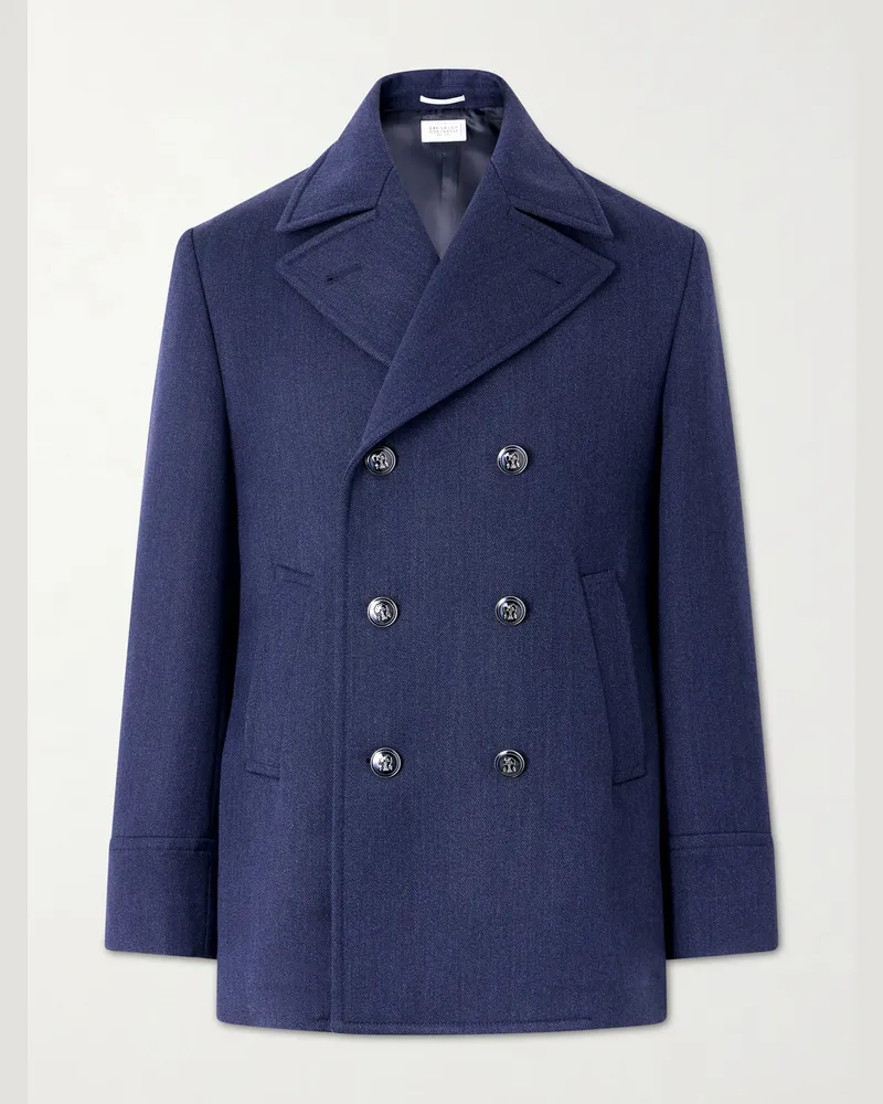 Brunello Cucinelli Double-Breasted Wool and Silk-Blend Coat Blue