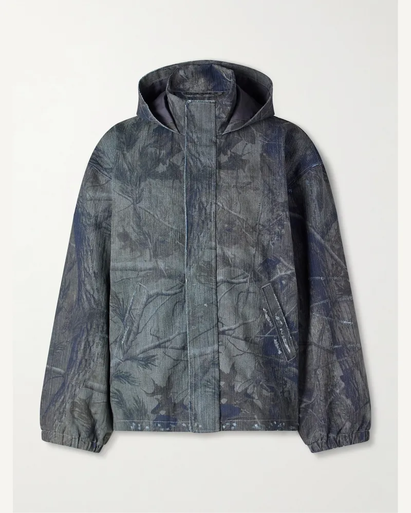 Balenciaga Kapuzenjacke aus bedrucktem Denim mit Logostickerei in Distressed-Optik Blau