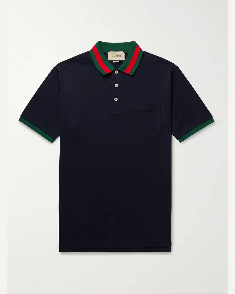 Gucci Logo-Embroidered Stretch-Cotton Piqué Polo Shirt Blue