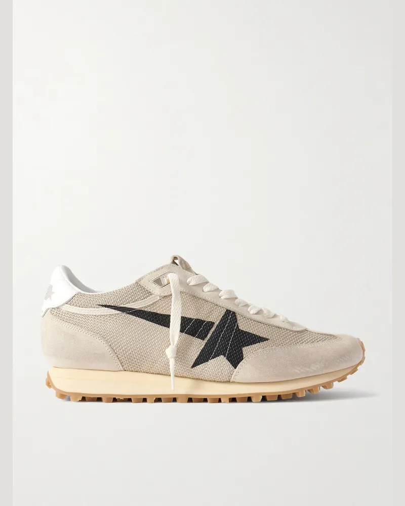 Golden Goose Marathon Distressed Suede-Trimmed Printed Mesh Sneakers Neutrals