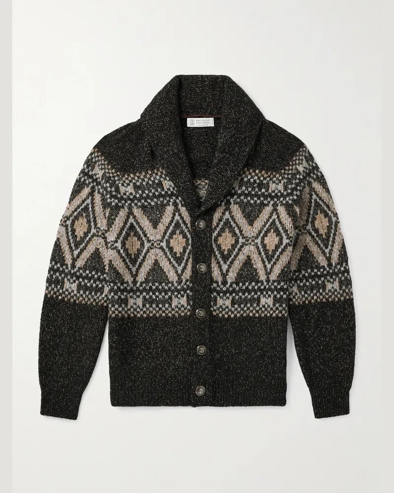 Brunello Cucinelli Cardigan aus einer Mischung aus Wolle, Seide und Kaschmir mit Schalkragen Schwarz
