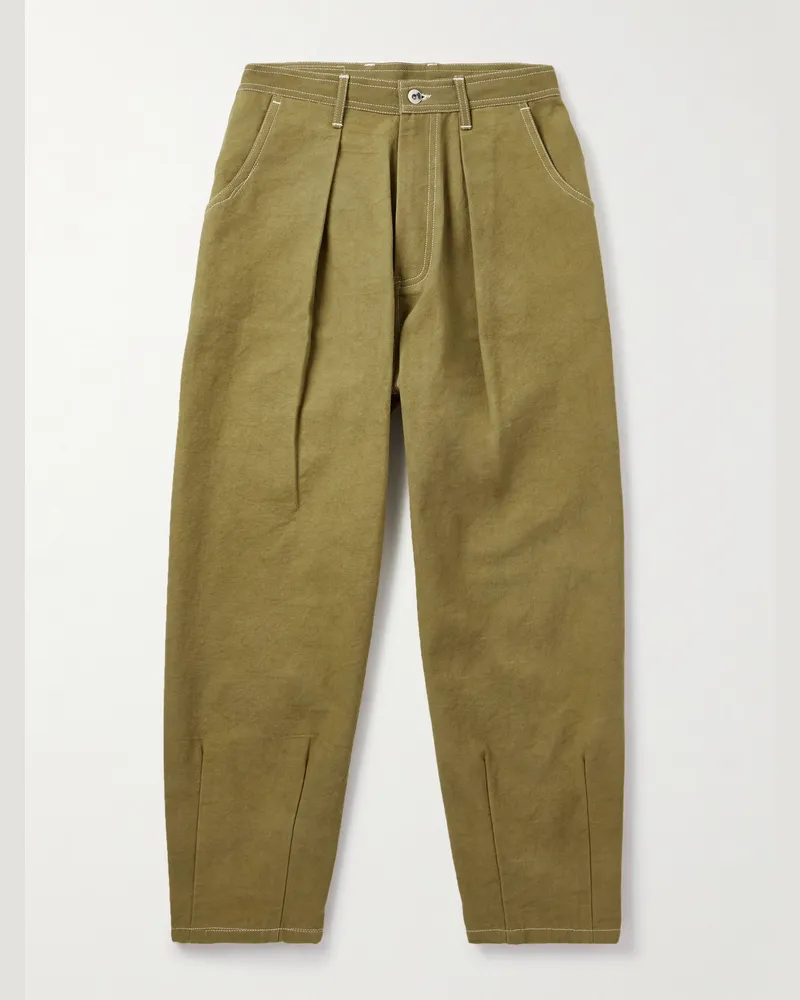 STORY mfg. Lush Wide-Leg Pleated Organic Cotton-Canvas Trousers Green