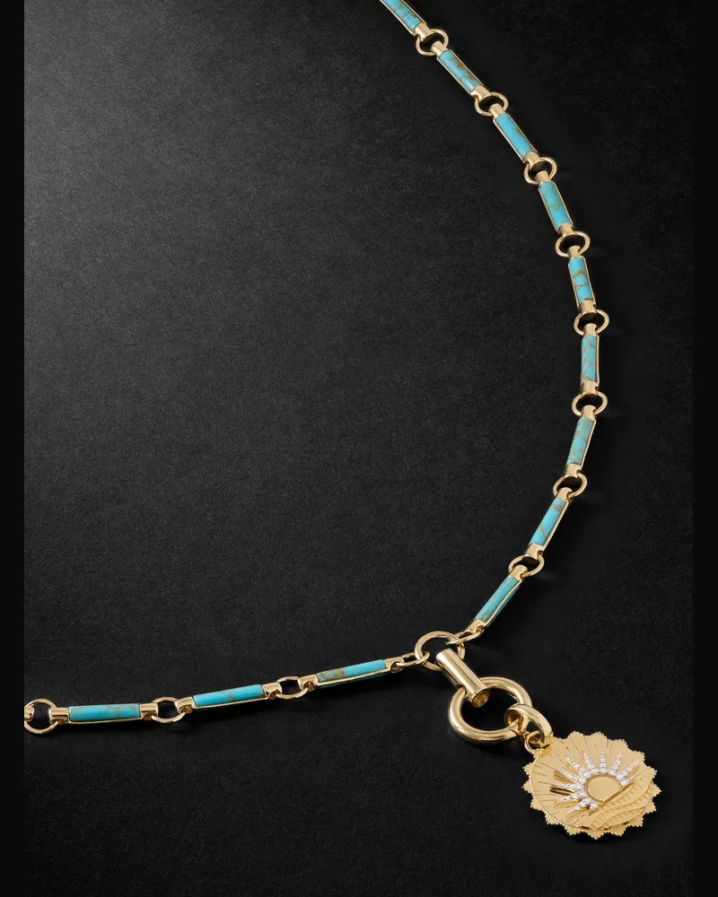 FOUNDRAE Element New Beginnings Internal Compass Anhängerkette aus 18 Karat Gold mit Diamanten und Türkisen Gold