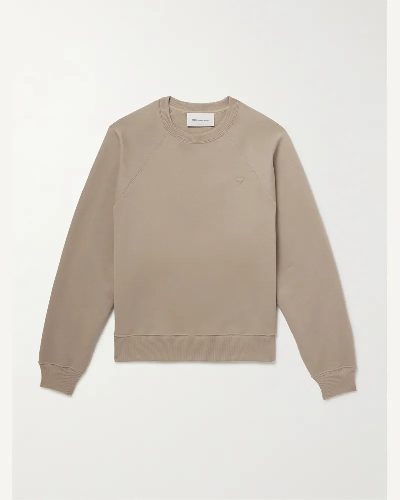 AMI Paris Logo-Embroidered Cotton-Jersey Sweatshirt Neutrals